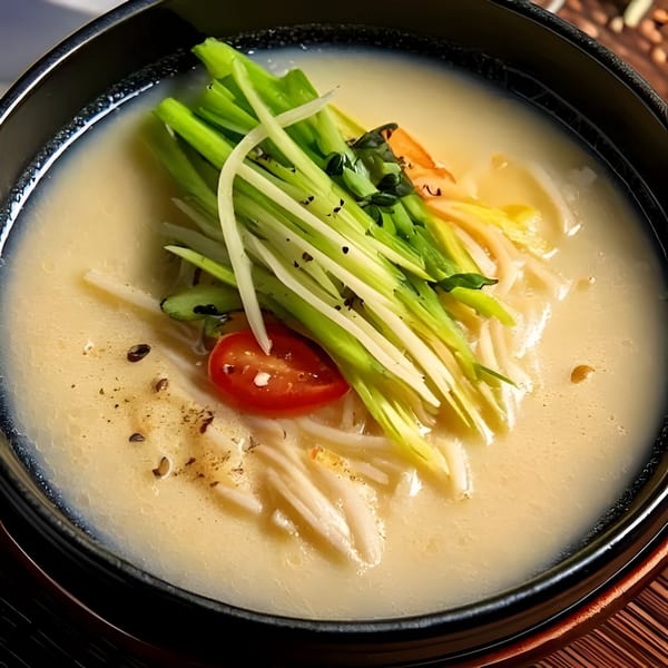 Creamy Korean soup with green onions, sliced tomatoes, and noodles in a black bowl.