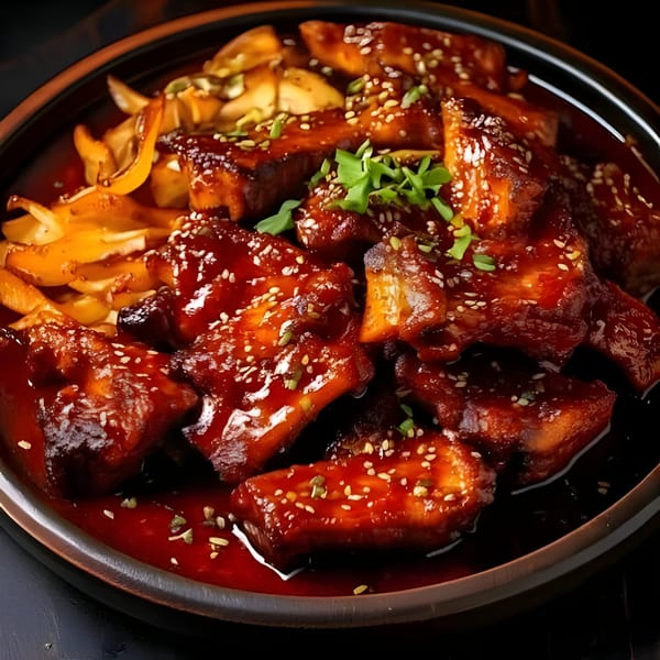 Korean BBQ ribs with a rich red sauce, sesame seeds, and green garnish, served with onions.