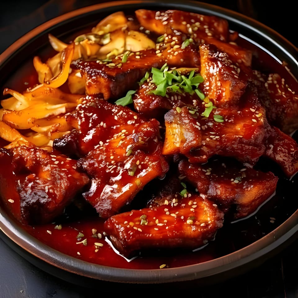 Korean BBQ ribs with a rich red sauce, sesame seeds, and green garnish, served with onions.