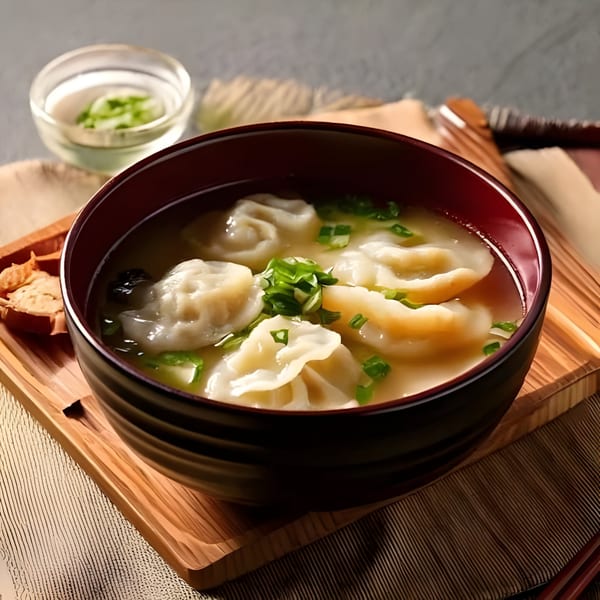 A bowl of Korean mandu-guk (dumpling soup) with green onions, served on a wooden tray.