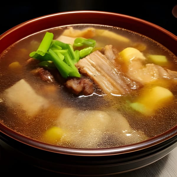 Close-up of a Korean soup with meat, potatoes, and green onions in a dark red bowl.