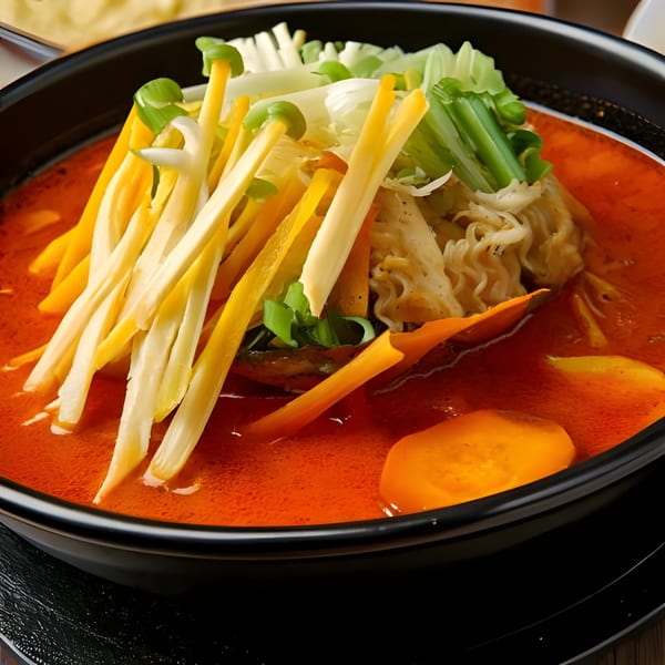 Close-up of a vibrant red Korean soup with noodles, mushrooms, and green onions in a black bowl.