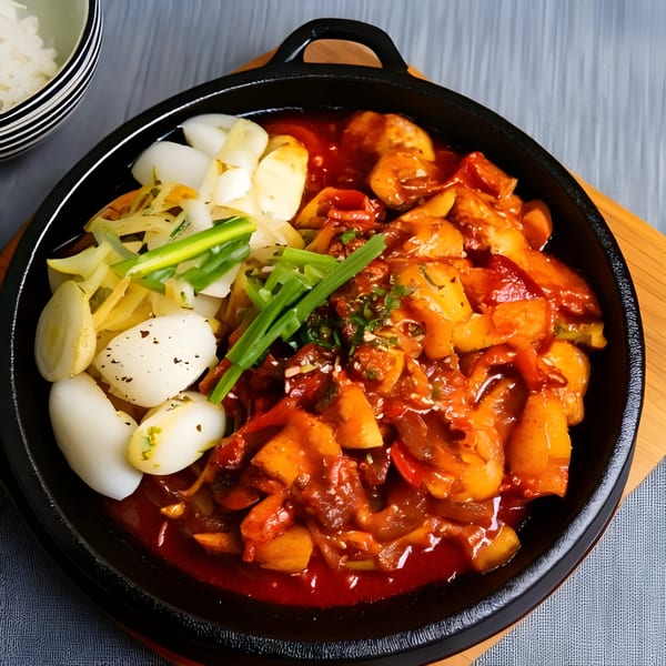 A black skillet holds Korean tteokbokki with rice cakes, green onions, and a side of white rice.