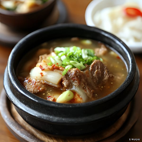Hearty Korean beef and kimchi stew, topped with green onions, served in a black stone pot.