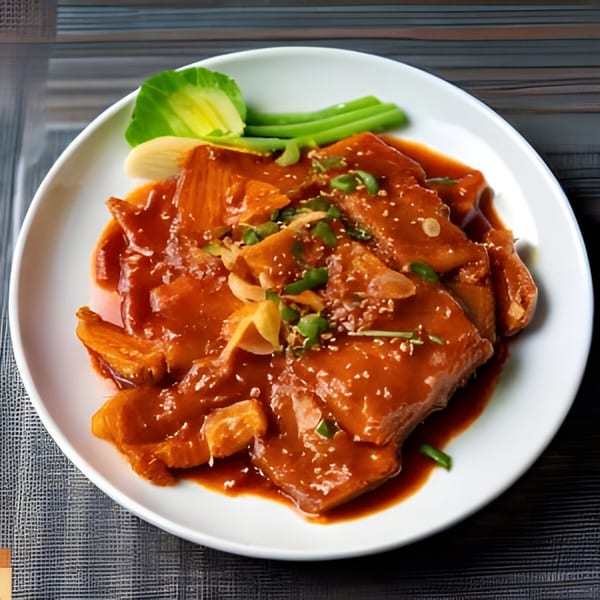 Korean braised short ribs (galbi jjim) with scallions and sesame seeds on a white plate.