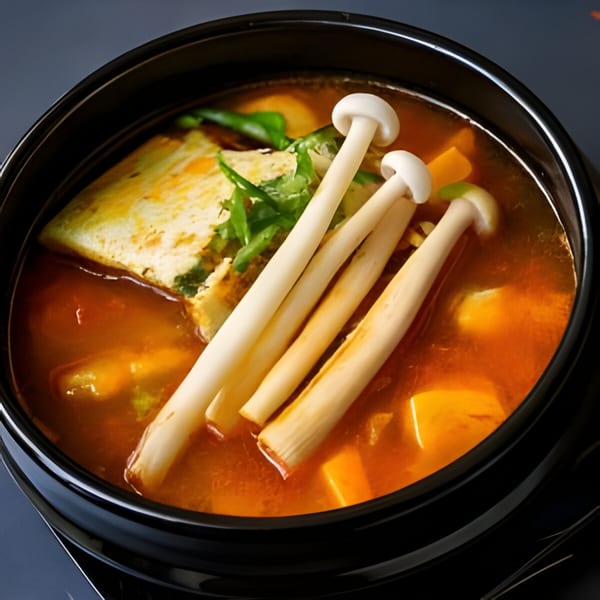 A black bowl of Korean stew with tofu, mushrooms, and green herbs in a rich orange broth.